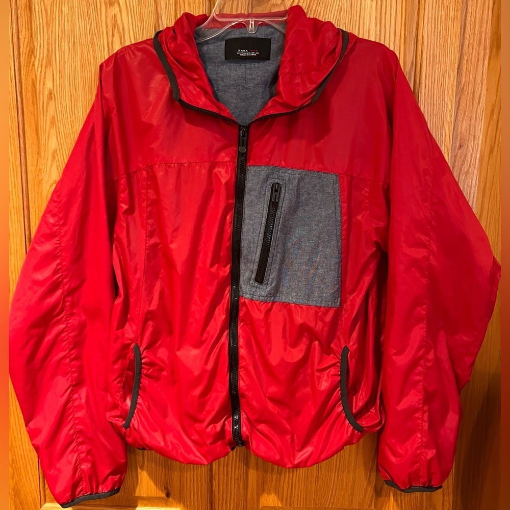 ZARA‎ MAN Colorblock Hooded Full Zip Windbreaker Jacket Red Blue Black Size XL